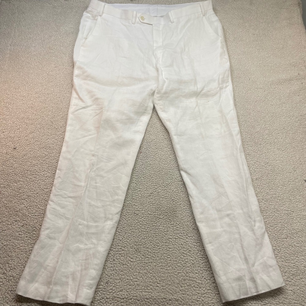 Lauren Ralph Lauren Pants Mens 40Wx32L White 100% Linen Dress Trousers FlatFront